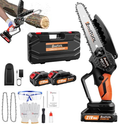 Mini motosega a batteria da 21 V, 6 pollici, arancione, con 2 batterie, 2 catene, sega elettrica a mano, con serratura di sicurezza per giardinaggio, potatura degli alberi, taglio del legno