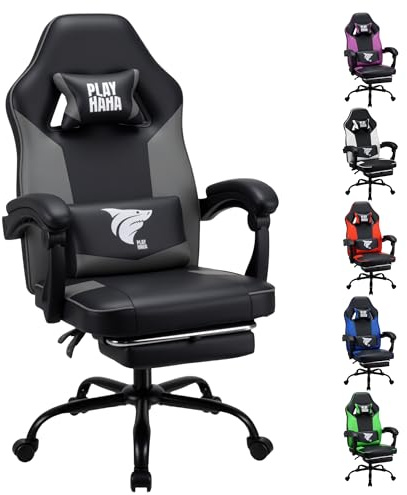 Play haha.Ergonomic Gaming Chair with Footrest, High Back Office Chair with Lumbar Support and Headrest, Faux leather Reclining Swivel Chair for Home and Office (Grey,With footrest)