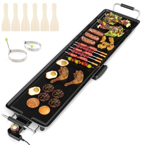 COSTWAY Electric Teppanyaki Table Grill, 1800W BBQ Griddle with Adjustable Temperature, Nonstick Surface, Drip Tray, 6 Wooden Spatulas & 2 Egg Rings (105 x 24cm, Die-casting Aluminum)
