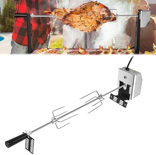 YARDIN Kit de broche, 117 cm, pour rôtisserie, poulet, tournebroche avec moteur en acier inoxydable 220 V – 240 V, broche universelle avec 2 aiguilles à viande (grill et 2 fourchettes)
