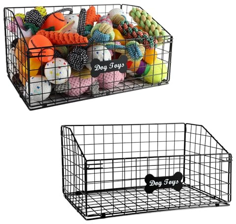 Geyecete 2 Pack Toy box for dogs large Dog Toy organizer Pet wire folding basket DOG TOY container dog toy box-Chew-Proof Dog Food Toy Storage-Black