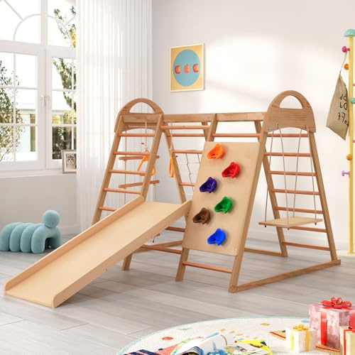 Parco giochi al coperto, parco giochi in legno per bambini, giochi da arrampicata per bambini piccoli con scivolo,attrezzatura da palestra per il giardino, set da gioco per esterni (7 in 1)