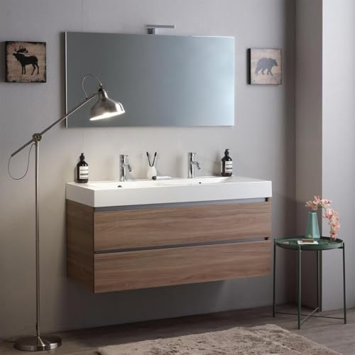 Kiamami Valentina - Mobile bagno sospeso 120cm cassetti rovere naturale, lavabo in resina e specchio 120x60 | Vittoria