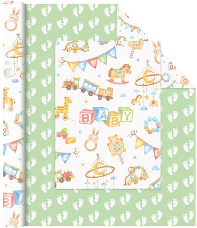 WERNNSAI Baby Geschenkpapier – 1 Rolle Baby Unisex Geschenkpapier Junge Mädchen Kinder Taufen Zug Geschenk Deko Geburtstagsparty Babyparty Dekorationen 43cm x 10m