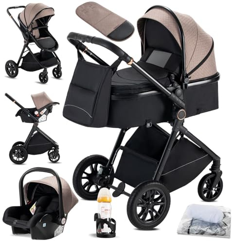 KAVELLIN Kinderwagen 3 in 1, Kinderwagen, Zusammenklappbar kombikinderwagen 3 in 1 komplettset inkl. Becherhalter, Moskitonetz, Fußabdeckung, Regenschutz, Kinderwagen for 0-36 Monate, Khaki