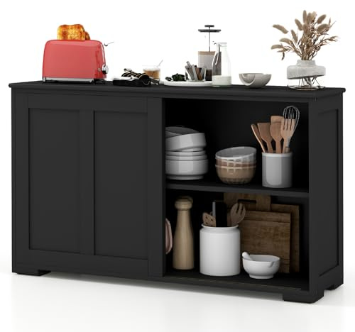 GiantexUK Kitchen Sideboard, Wooden Buffet Cabinet with Adjustable Shelf and Sliding Doors, Freestanding Storage Cupboard Unit for Dining Living Room Hallway (without glass, Black)