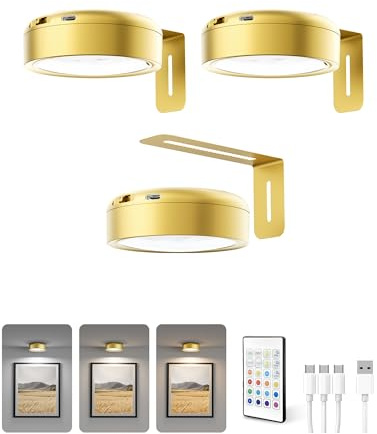 Homelist Iluminación de imagen inalámbrica, 3 unidades, lámpara LED inalámbrica para montaje en pared, lámpara magnética con 3 colores de luz y brillo ajustable, iluminación de imagen perfecta para