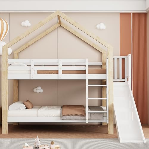 Cama Alta 90x200 cmCon Estructura De Madera, Techo Cama Casita, 2 Cajones, Barandilla, Escalera De Seguridad Y Formato Cama Individual con Tobogán para Habitación Juvenil Completa