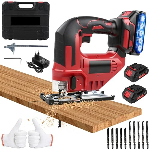 Sierra de Calar Eléctrica con 2 Baterías Makita 21 V, Sierra de Calar sin Cable, Cortes Biselados 45°, Profundidad de Corte 65 mm, 3 Velocidades, 10 Cuchillas, LED, Guía para Madera, Metal y Plástico