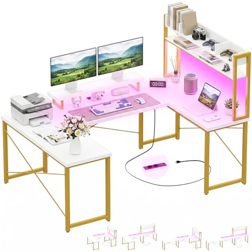 Homieasy Scrivania Gaming ad Angolo a U e L con Prese, LED e Libreria | Scrivania Reversibile in Legno e Metallo, 189 x 106 cm, Prese AC, USB e USB-C