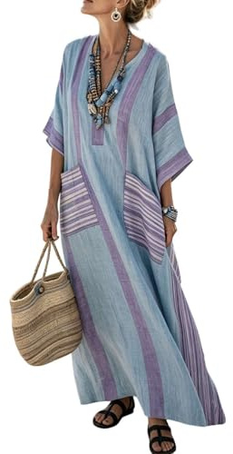 Generico Vestito Donna Estivo Kaftano Boho Chic in Cotone e Lino, Abito Lungo Etnico con Tasche e Scollo a V, Maxi Prendisole per Mare Spiaggia e Vacanza, Stile Vintage Oversize e Traspirante
