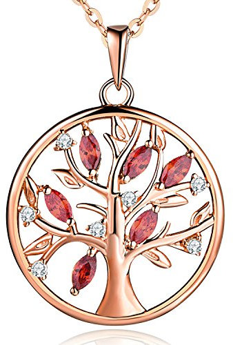 JO WISDOM Halskette Baum Des Lebens,Kette anhaenger silber 925 lebensbaum Familie Anhänger mit 3A Zirconia Januar Geburtsstein Granat Farbe mit rosévergoldet,Schmuck für Frauen Damen