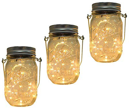 Solar Mason Jar Lantern Light, 3 Pack 20 Led String Starry Hanging Lamp, Fairy Firefly Lights Kit for Patio Garden Wedding Table Decor with Mason Jar & Hanger