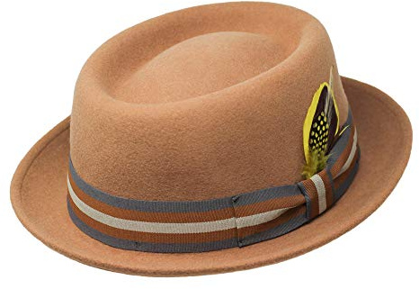 Borges & Scott Defoe Premium - Chapeau Pork Pie avec Plume Amovible - 100% en Feutre de Laine - résistant à l'eau - Déformable pour emmener en Voyage - Caramel 58cm