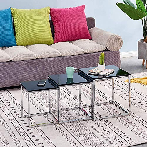 QIHANG-UK Nest of Tables Set of 3, Square Nesting Coffee Tables with Chrome Frame, Small Stacking Nested Tables, 3-Piece High Gloss Side Table Set for Living Room Bedroom (Black)