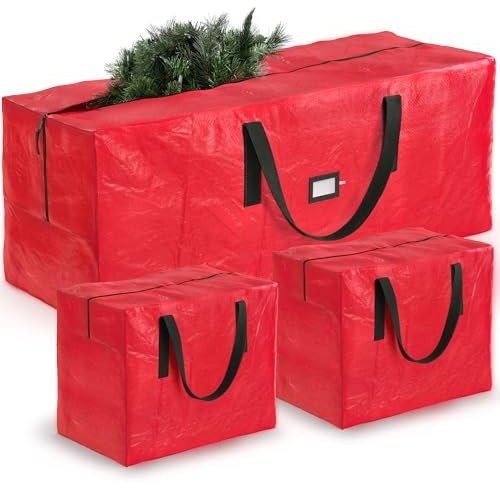 ZOBER Christmas Tree Storage Bag - With 2 Ornaments Accessories/Garland Bags - Fits 9 Ft Trees - Plastic, Waterproof Christmas Tree Bag For Storage Box For Xmas - Strong, Durable Handles - Red
