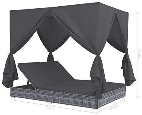 Tidyard Outdoor-Lounge-Bett mit Vorhängen Witterungsbeständig Outdoor-Tagesbett Doppel-Chaiselongue Doppelliege Rattenliege Gartenliege Rattanliege Sonneninsel Poly Rattan Grau 197 x 140 x 180 cm