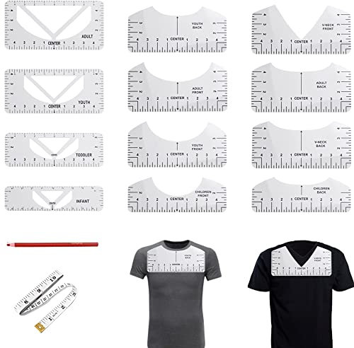KBNIAN T-Shirt Zentrierung Werkzeug, 14 Stück PVC T-Shirt Lineal Guide T-Shirt Anleitung Lineal Transparente T-Shirt Ausrichtungslineal zum Nähen, Gestalten von T-Shirts und Basteln