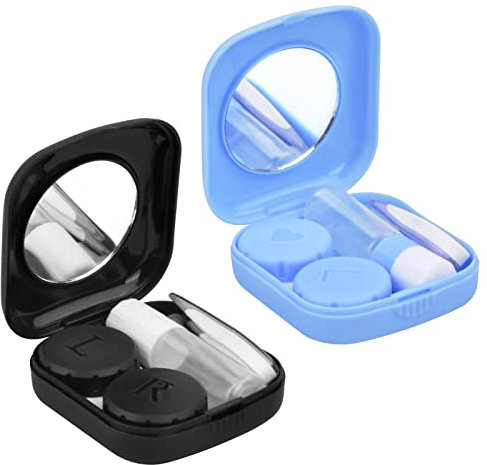 smatime 2 Pack Tragbarer Kontaktlinsenbehälter Reise-Set für Kontaktlinsen Klein Kontaktlinsen Zubehör Etui mit Spiegel, Pinzette und Saugnapf für Zuhause Reisen, Blau und Schwarz