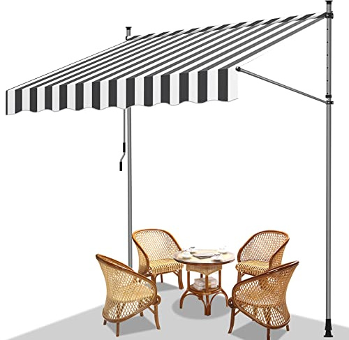 Fiqops Klemmmarkise Balkon 200x120cm Markise Einziehbar aus Polyester, Stahl Höhenverstellbar Markise mit Handkurbel, UV-beständig, Installation ohne Bohren für Balkon Garten Terrasse Weiß Grau