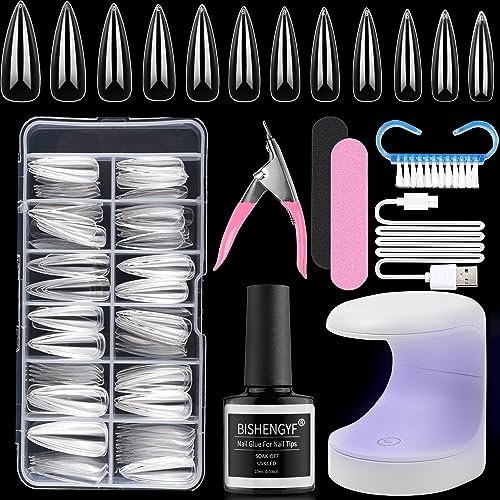 BISHENGYF Kit Uñas, Nail Kit De Tips Uñas Gel Con Pegamento,120 Piezas De Uñas Postizas Con Pegamento De Uñas 2 en 1 y Lámpara De Uñas Mini Lde Kit De Uñas De Acrílico Para Principiantes