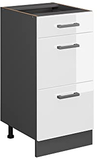 Vicco Küchenunterschrank R-Line, Weiß Hochglanz, 40 cm | 3 Schubladen · Ohne Arbeitsplatte · Höhenverstellbare Füße · ✓ Leichter Zugriff · ✓ Frei kombinierbar