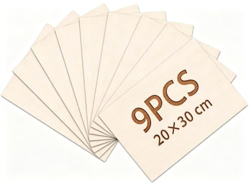 DOITEM Plywood Sheets, 9Pcs Thin Wood Sheets Basswood Sheet 300x200x1.5mm Wooden Blank for Cricut Maker Wood Craft Painting Engraved Model Making Projects