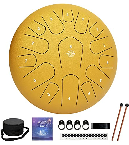 Regentrommel für den Garten, Stahlzungentrommel, 30,5 cm, 15 Noten, Musikinstrumente, Handpan-Trommel, Percussion-Instrument, mit weicher Tasche, Musikbuch, 2 Schlägel, für Meditation oder Yoga (gelb)