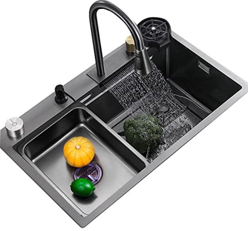 Lavello Da Cucina In Acciaio Inossidabile Lavabo Da Cucina for Uso Domestico Da Incasso Lavabo Da Appoggio/sottopiano for Doccia A Cascata Con Rubinetto Estraibile ( Color : Black , S : 80*46*22cm )