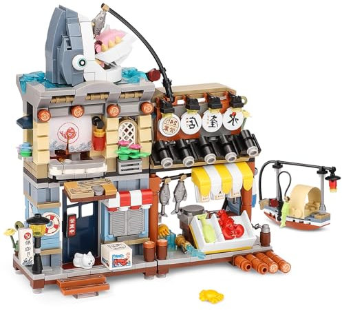 Japanisch Straßenansicht Fischladen Haus Mini Bausteine, MOC Creative STEM Japanisch Toys Friends mädchen Model Set, 790 PCS Klemmbausteine Haus Toy Gift (Nicht Kompatibel Mit Gängigen Marken)