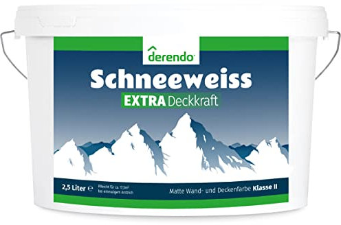derendo Schneeweiss Extra Deckkraft wandfarbe weiß Innenfarbe 2,5l matte Farbe weiß - Wandfarbe - sehr hohe Deckkraft - Ideal für strahlend weiße Wände und Decken, tropfarm 2,5Liter