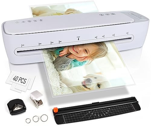 Zyerch 13 Inch A3 Laminator Machine, 9 in 1 Desktop Thermal Laminator Never Jam 40 Laminating Pouches, Paper Trimmer and Corner Rounder, 1Min Fast Warm-Up Home Office School Use, Pure White