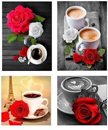 SHEGZHUC 4 Pezzi Painting Diamond 5D Caffè 30x40 cm Diamond Painting Tazzine da Caffe Diamond Painting Rose Rosse Diamond Painting Torre Eiffel con Rose Diamond Painting Paesaggi in Casa e Cucina