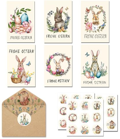 Tarjetas de felicitación de Pascua con sobres, juego de 24 tarjetas de felicitación de Pascua con sobres y pegatinas, tarjetas postales de conejo de Pascua para niños, familia, amigos