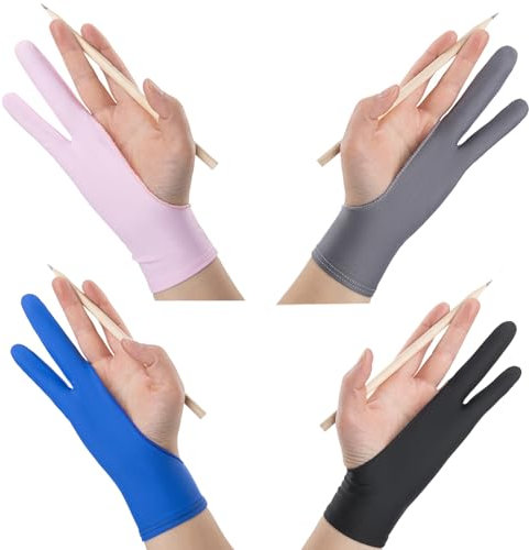 ieron 4Pcs Artist Glove, Antifouling Digital Drawing Glove Anti Touch Smudge Guard Left Right Hand for Drawing Tablet, 2 Finger Drawing Glove Size M Black Grey Blue Pink
