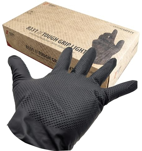 Tiga-Med Gants jetables TOUGH GRIP | 50/250/500/1000 pièces | Gants jetables extra forts | Gants en nitrile | Gants de travail pour atelier, jardin, laboratoire et montage | 50 pièces/boîte (500, M)