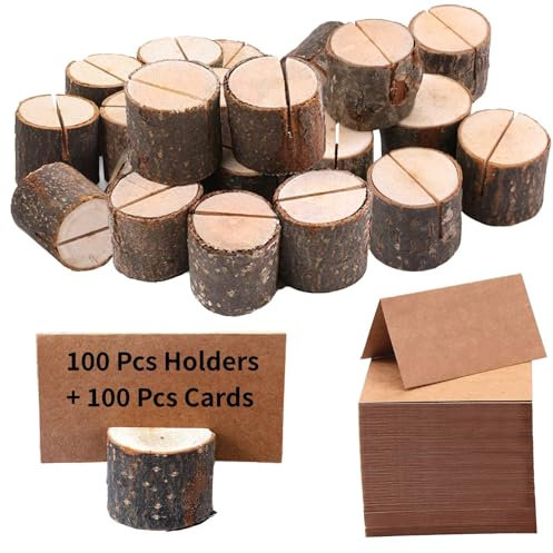 PLAZOTTA 100 Pack Rustic Wooden Place Card Holders with 100 Kraft Cards, Table Number Holder, Photo Display Stand, Memo Card, Food Label Holder for Wedding, Party, Craft
