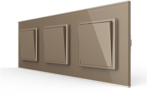 LIVOLO dreifacher Wipp Lichtschalter und Wechselschalter meschanischer 3x Schalter im Glas Rahmen Kombination Kippschalter Wechsellichtschalter in gold für Unterputz Einbau VL-C7-K1S-K1S-K1S-13
