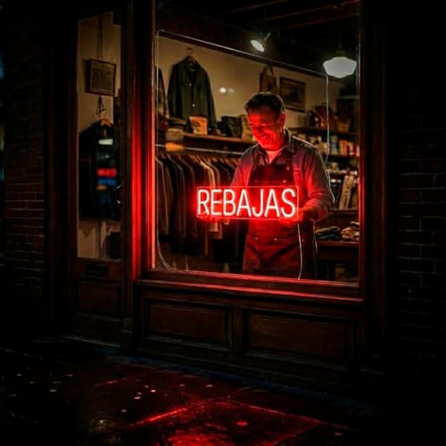 Cartel neón-led rebajas en color rojo para tiendas- Letrero escaparate comercios temporada de rebajas - Diseño en luz led para colgar en pared o escaparate tienda