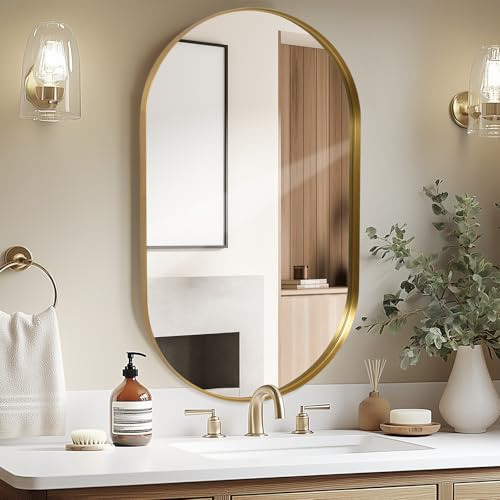 LunaMirror Wandspiegel 55 x 75 cm Oval Badspiegel Badezimmer Spiegel Gold Modernes Design Dekorativer Wand Spiegel für Schlafzimmer, Eingangsbereich, Wohnzimmer, Flur