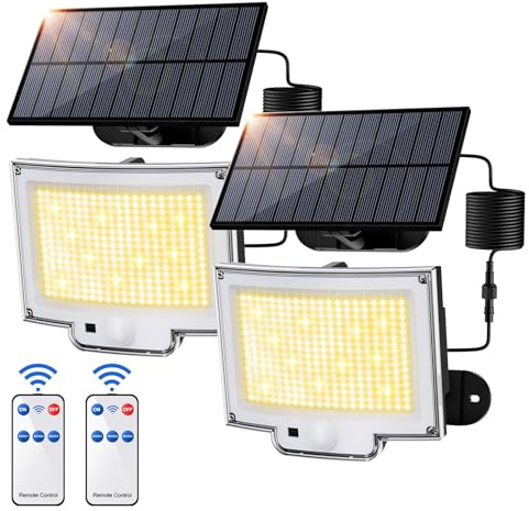 SIGRILL 318 LED Lampe Solaire Extérieur Détecteur de Mouvement, 3000LM Lumiere Solaire Exterieur, 3 Modes Projecteur Solaire Exterieur, IP65 LED Spot Solaire (2 Pièces - 318 Led Blanc Chaud)