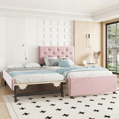 Zravenna Polsterbett 90x200cm mit Klappbett, Bett Ausziehbar zum Doppelbet, Bettgestell mit Lattenrost, kopfteil und Rollcontainer, Minimalistisch, Samt, Rosa