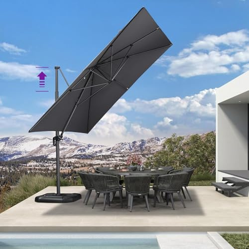 PURPLE LEAF - Sombrilla de jardín (3,5 × 3,5 cm, mango telescópico, 60 cm, parasol de jardín exterior, protección UV 50 + marco de aluminio con manivela inclinable y rotación de 360°, gris