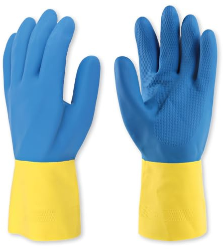 FRANZ MENSCH 50 Stück Chemikalienschutzhandschuhe Conqueror ll | Latex/Neopren, blau-gelb, 10/XL, L: 33cm, Karton, Chemikalien Schutz Handschuhe, Chemie Handschuhe