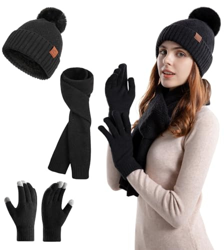 TAGVO Cappello Scaldacollo Guanti Donna Invernale Set, Berretto Beanie Set di Guanti Sciarpa Cappello, Set Cappello in Maglia a Fodera di Lana 3 Pezzi per Donna Ideale per l'uso all'aperto