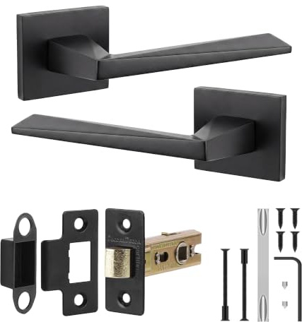 Decoranddecor Matt Black Door Handles Internal Square Rose with Latch | CE marked, fire rated 44 mm backset latch, built to last Internal Door Handles, fits 35-45 mm doors, Leda Range