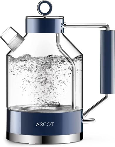 Electric Kettle, ASCOT Glass Electric Tea Kettle 1.5L 2200W Tea Heater & Hot Water Boiler, Borosilicate Glass, BPA-Free, Auto Shut-Off, Boil-Dry Protection Classic Blue