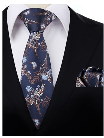 Alizeal 3.15'' Flower Ties for Men Handkerchief Set Wedding Retro Necktie Set Party, Navy Blue+Brown