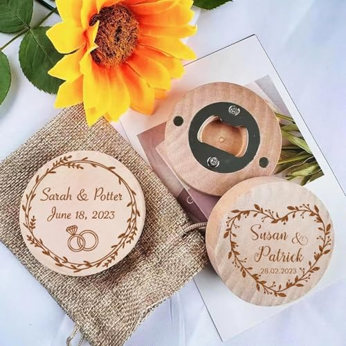 Décapsuleur Personnalisé For Cadeaux De Mariage, Aimant De Réfrigérateur En Bois Gravé Personnalisé, Décapsuleur Rond For Cadeaux D'invités De Mariage, Fiançailles, Anniversaire, Baptême De Bébé(20pcs