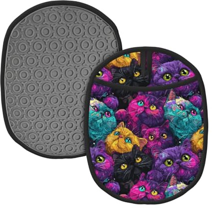 Presine colorate con stampa di gatto per cucina, 2 pezzi, guanti da forno resistenti al calore, con tasca, presine in silicone con anello per appenderlo, presine antiscivolo per cucina